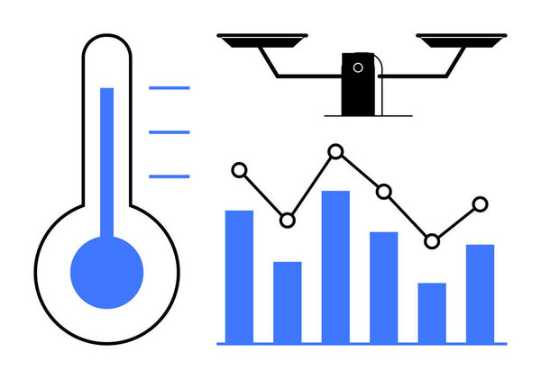 Термометр, показывающий уровни температуры, шкалу баланса для измерения, и столбчатый график с линейной диаграммой для трендов данных. Идеально подходит для науки, аналитики, скалов, исследований, статистики