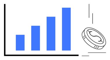 Gelir artışını, yatırım başarısını veya karlılığı simgeleyen hareket halindeki bir madeni paranın yanında mavi yükselen bar tablosu. Finans, ticaret, ekonomi, analitik, strateji ve yatırım için ideal