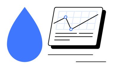Bir veri tablosunun yanında mavi su damlası. Çizgi grafiği ve ızgara üzerinde noktalar var. Sürdürülebilirlik, çevre, veri analizleri, araştırma, koruma, su kullanımı, izleme için ideal. Basit düz
