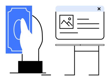Dijital bir arayüzün yanında, minimalist bir masa kurulumunda metin ve görüntü içeriğiyle el ele tutuşma. E-ticaret, çevrimiçi ödeme, dijital işlemler, finansal hizmetler, reklamcılık için ideal
