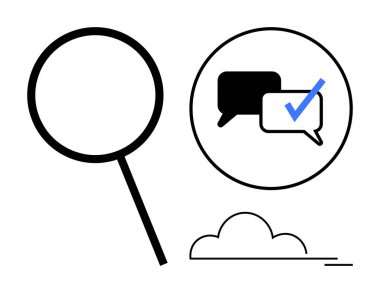 Sohbet baloncuklarının yanında işaretli büyüteç ve bulut. Basit bir düz metaforda iletişim, arama, doğrulama, yenilik, anlayış, veri analizi ve bağlantı için idealdir.