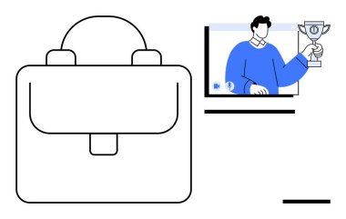 Minimalist evrak çantası ikonu, elinde kupa tutan, kariyer başarısını, çevrimiçi tanınmayı ve profesyonel başarıyı simgeleyen bir adamla eşleştirildi. İş için ideal, kariyer büyümesi, uzak çalışma