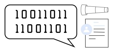 Teleskoplu ikili konuşma balonu ve kullanıcı profili belgesi iletişim, teknoloji, veri analizi, kodlama, siber güvenlik, dijital temsil ve yenilik için idealdir. En küçük düz grafik