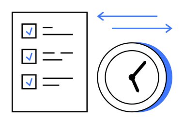 Tamamlanmış görevleri olan kontrol listesi ve zaman izleme ve verimliliği gösteren bir saat. Üretim, planlama, görev öncelikleri, zamanlama, zaman yönetimi, iş akışı organizasyonu için ideal