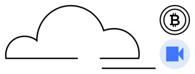 Bitcoin simgesi ve video çağrı simgesi içeren bulut ana hatları blok zinciri, uzaktan işbirliği ve dijital depolamayı sembolize eder. Fintech, iletişim, yenilik, engelleme zinciri, sanal iş, bulut için ideal