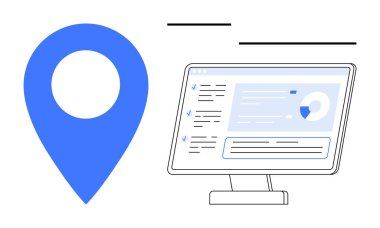 Veri tabloları, analizler ve bilgileri gösteren bir bilgisayar monitörünün yanında mavi konum iğnesi. Navigasyon, veri analizi, dijital çözümler, iş zekası, izleme, konum