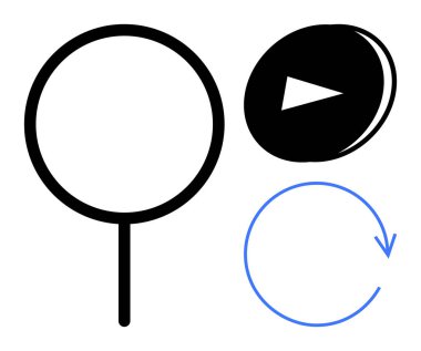 Büyüteç, ortam etkileşimi için arama veya yakınlaştırma oynatma düğmesini sembolize eder, dairesel ok işlemi tasvir eder, tazeler veya tekrarlar. Araştırma, teknoloji, medya, güncellemeler, süreçler, UX tasarımı için ideal