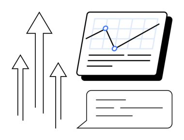 Yukarı doğru eğilimli grafikler, konuşma balonu ve büyümeyi gösteren oklar. İş stratejisi, analitik, mali raporlar, iletişim, ilerleme izleme, takım çalışması için ideal basit düz metafor