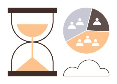 Kum saati zamanı sembolize ediyor, takım çalışmasını ve kaynak tahsisini temsil eden simgelerle bölünmüş bir çember ve bulut elementi. Zaman yönetimi, üretkenlik, takım çalışması, planlama için ideal