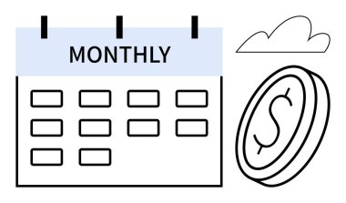 Düzenli bütçe, ödeme döngüleri, finans hedefleri, zaman yönetimi, ekonomik planlama, tasarruf ve gider takibini vurgulayarak, bir dolar para ve basit bulut ana hatlarıyla birlikte aylık takvim. A