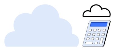 Büyük mavi bulut ve hesap makinesi grafiği teknolojiyi, veri yönetimini ve maliyet analizini vurguluyor. Finans, teknoloji, bulut depolama, iş, yenilik analitik verimliliği için idealdir. Basit.