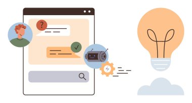 Kullanıcı ve sohbet robotu profili ile sohbet arayüzü, yapay zeka iş akışı dişlileri ve yeniliği temsil eden ampul. Teknoloji, yapay zeka, mesajlaşma, problem çözme, yaratıcılık fikirleri ve iletişim için ideal. A