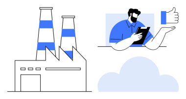 Uzun bacalı bir fabrika, dijital çalışma alanında tablet kullanan bir adam, baş parmak işareti ve bulut. Endüstriyel süreçler, yenilik, verimlilik, geri bildirim, dijital entegrasyon bulutu için ideal