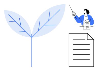 Büyümeyi sembolize eden büyük bir yaprak, elinde belge, işaret ve kağıt levha olan bir kadın. Eğitim, sürdürülebilirlik, çevre bilinci, proje planlaması, büyüme, kalkınma için ideal