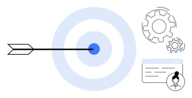 Ok hedefi vuruyor, büyük ve küçük vites simgeleri, kullanıcı simgesi olan tarayıcı penceresi. Hassasiyet, odak, strateji, optimizasyon, verimlilik veri yönetimi hedef başarısı için idealdir. Basit düz