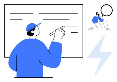 Üzerinde notlar olan bir tahtaya yazı yazan kişi, yanında da büyüteç ve yıldırım kullanarak araştırma yapan küçük bir figür. Yaratıcılık, beyin fırtınası, eğitim, strateji, takım çalışması için ideal