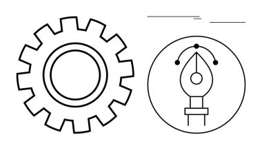 Mühendislik ve tasarım arasındaki takım çalışmasını sembolize eden kalem aracının yanında vites simgesi. Yenilik, yaratıcılık, teknoloji, takım çalışması, süreç optimizasyonu, ürün geliştirme, minimalizm için idealdir. Basit.