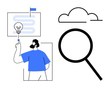 Parlayan ampulü, spiral diyagramı, büyük büyüteçleri ve biçimlendirilmiş bulutu gösteren adam. Araştırma, strateji, yenilik, bulut teknolojisi, yaratıcılık keşfi problem çözme için ideal