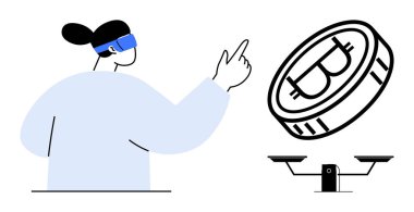 VR kulaklık takan kişi Bitcoin madeni para ve pullarla etkileşime geçip sanal finansmanı araştırıyor. Engelleme zinciri, kripto para birimi, fintech, yenilik, dijital ekonomi, VR, basit düz metafor için ideal