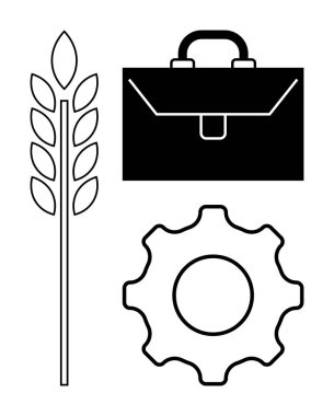 Tarımsal buğday, teçhizat ve evrak çantası tarım, kurumsal büyüme ve endüstriyel ilerlemeyi vurguluyor. Tarım, yenilik, imalat, sürdürülebilirlik ekonomi stratejisi için ideal