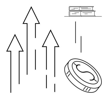 Büyümeyi gösteren yükselen oklar, bir yığın eğitim kitabı ve başarıyı simgeleyen para birimi. Finans, yatırım, eğitim, ekonomi, iş stratejisi ve ilerleme için idealdir