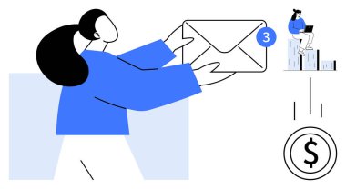 Elinde e-posta ya da iletişimi simgeleyen büyük bir zarf tutan kadın. E- posta bilgilendirme simgesi vurgulandı. Çubuk grafikteki kişi mali incelemeyi simgeler. İş için ideal, takım çalışması, iletişim