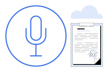 Mikrofon simgesi, panoda imzalanmış belge ve ses kaydı, dijital imzaları, bulut depolama, uzaktan erişim, çevrimiçi işbirliği, teknoloji ve üretkenliği temsil eden bulut simgesi