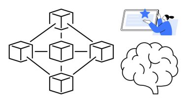 Engelleme ağı şeması, soyut beyin, dijital içerikle etkileşim içinde olan kişi. Teknoloji, yenilik, öğrenme, yapay zeka, eğitim, yaratıcılık için ideal dijital