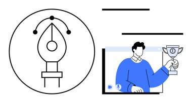 Kalem aleti tasarım elemanı ve çevrimiçi bir arayüzde kupa tutan bir adam. Dijital tasarım, yaratıcılık, sanal ödüller, çevrimiçi öğrenme, grafik araçları, uzaktan başarı, yenilik için ideal