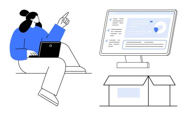 Dizüstü bilgisayarlı bir kadın açık bir kutunun yanında çizelge ve listelerle masaüstü ekranına doğru hareket ediyor. Üretkenlik, lojistik, çevrimiçi öğrenme, takım çalışması, teknoloji, yenilik için ideal, basit düz