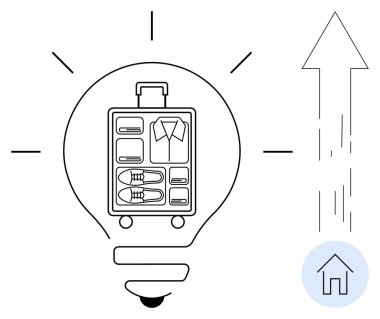 İçinde kıyafet ve ayakkabı dolu bir bavul bulunan ampul seyahat fikirlerini sembolize ediyor. Büyüme, ilerleme ve ev ikonu için yukarı ok konforu vurguluyor. Seyahat ve yenilik için ideal