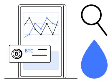 Smartphone veri eğilimli bir BTC grafiğini gösterir. Büyüteç, sürdürülebilirlik analizini sembolize eder. Kripto para birimi, yatırım, fintech, veri çalışması, teknoloji ve finans için ideal