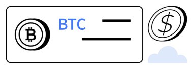 BTC 'li Bitcoin logosu, dolar madeni para ve dijital kripto değişim sürecini gösteren bulut elementi. Forx, finans, fintech, engelleme zinciri, dijital cüzdanlar, yatırım için ideal