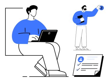 Dizüstü bilgisayarda çalışan adam, dosya ve para tutan meslektaşı, kontrol listesi. Takım çalışması, üretkenlik, görev yönetimi, mali planlama, iletişim, uzaktan çalışma için ideal basit düz metafor