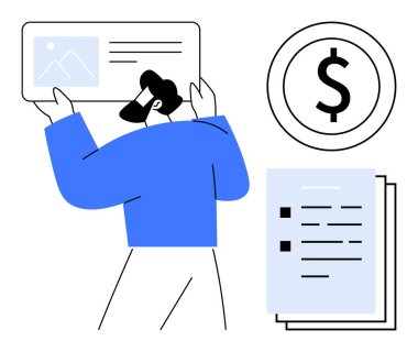 Mali ve profesyonel içeriği belgelerle, dolar işaretiyle ve resim gösterisiyle gözden geçiren kişi. İş, finans, analitik, pazarlama, verimlilik stratejisi eğitimi için idealdir. Temiz daire