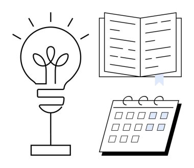 Fikirleri sembolize eden ampul, öğrenmek için açık kitap ve planlamak için takvim. Yaratıcılık, eğitim, proje yönetimi, verimlilik, yenilik beyin fırtınası organizasyonu için idealdir. Basit.
