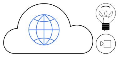 Küre merkezli bulut, fikirler için ampul ve medya için video simgesi. Teknoloji, bulut hesaplama, yenilik, küresel bağlantı, iletişim dijital depolama multimedya için idealdir. Basit.