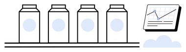 Süt kutuları, performans grafiği eşliğinde bir taşıma bandına dizilmiş. Arz zinciri, üretim verimliliği, veri analizi, iş büyümesi, lojistik, envanter, basit düz metafor için ideal