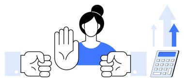 Kadın yumruklar, hesap makineleri ve yukarı doğru oklarla çevrili çatışmaları durdurmak için elini kaldırıyor. Müzakere, liderlik, iş ahlakı, yetki, çatışma çözümü için ideal