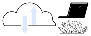 Yukarı ve aşağı okları, dizüstü bilgisayarı ve çiçek aranjmanı olan bir bulut. Teknoloji, veri paylaşımı, sürdürülebilirlik, eko-teknoloji, yenilikçi çevre verimliliği için idealdir. Basit düz metafor