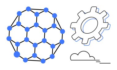 Bağlantı düğümlerine, dişli sembollerine ve bulut hatlarına sahip 3 boyutlu ağ küresi. Teknoloji, yenilik, yapay zeka, veri, ağ oluşturma, endüstriyel süreçler için idealdir. Basit bir düz metafor.