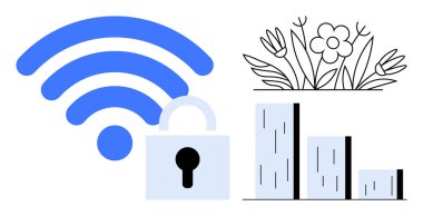Kilitli kablosuz ikon, gelişimi sembolize eden çubuk grafik ve çiçek tasarımı teknolojiyi, güvenliği, büyümeyi ve doğayı vurguluyor. Bağlantı, teknoloji, veri güvenliği sürdürülebilirliği için ideal