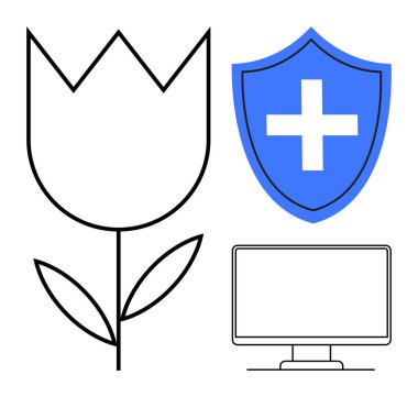 Siyah lale çizgisi, çapraz sembollü mavi kalkan ve bilgisayar monitörü güvenliği, doğayı ve modern teknolojiyi gözünde canlandırıyor. Siber güvenlik, sağlık, eko-teknoloji ve yenilik temaları için ideal. Basit düz