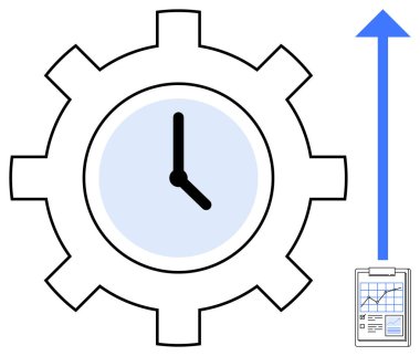 Zaman yönetimini sembolize eden saatli teçhizat, ilerleme için yukarı doğru ok, grafikli pano. Üretkenlik, verimlilik, planlama, iş stratejisi, büyüme, zaman izleme kariyeri için ideal
