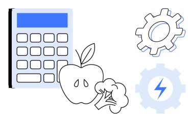 Mekanik vitesli hesap makinesi, elma ve brokoli. Beslenme, sağlık, hesaplama, teknoloji enerji planlaması için ideal basit düz metafor. Çizgi benzetmesi. Basit satır simgeleri