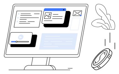 Web açılır pencereleri, e-posta bildirimi, video ve metin görüntüleme ekranı, madeni para ve bitkiyle tamamlanmış. Fintech, dijital ekonomi, çevrimiçi üretkenlik, yenilik tasarımı için ideal