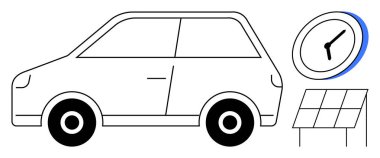 Elektrikli araba, güneş paneli ve saat çiziminin yanında. Sürdürülebilirlik, enerji verimliliği, zaman tasarrufu teknolojisi, yenilik, eko-yaşam tarzı, yeşil ulaşım, yenilenebilir enerji için ideal. A