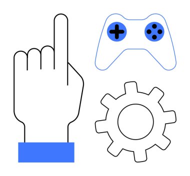 Yukarı bakan eller, ayarları sembolize eden bir dişli ve oyunu temsil eden bir oyun denetleyici. UXUI tasarımı, oyun arayüzü, ayarlar, kullanıcı denetimi, dijital araçlar, teknoloji süreçleri için ideal