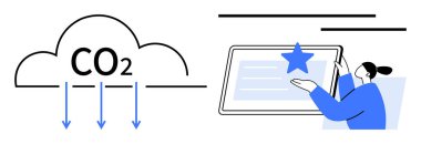 Karbondioksitli ve oklu bulut, dijital tabletle etkileşime giren insan. Sürdürülebilirlik, yenilik, teknoloji, eğitim, çevre sorumluluğu, iklim değişikliği için ideal, basit düz metafor