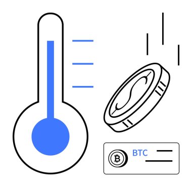 Termometre artan ölçümleri, Bitcoin 'i temsil eden bozuk parayı ve BTC etiketini gösteriyor. Kripto para birimi, engelleme zinciri, finans, trendler, veri takibi dijital varlıklar için idealdir. Basit düz